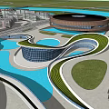 Modern Urban Architectural Design With Circular Building Curved Paths Blue Water And Green Spaces