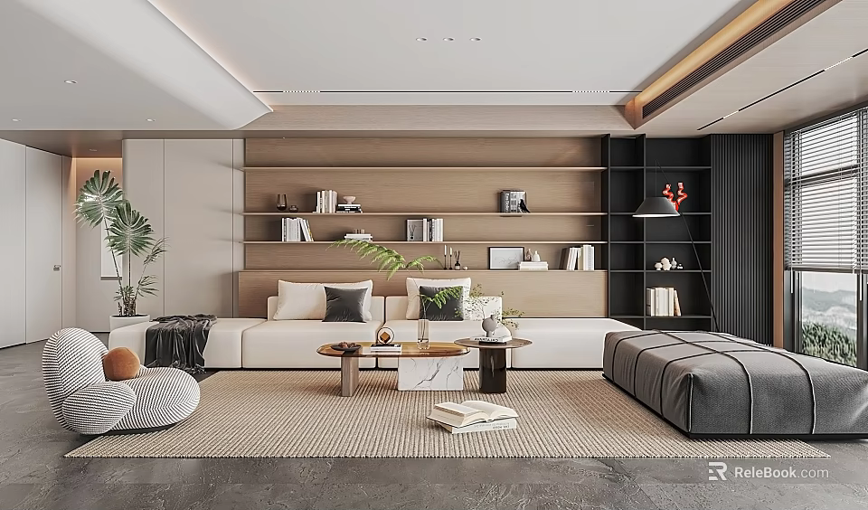 Modern Teahouse Interior Featuring Comfortable Sofa Wooden Bookshelves Green Plants And Coffee Table 3d model 