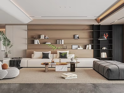 Modern Teahouse Interior Featuring Comfortable Sofa Wooden Bookshelves Green Plants And Coffee Table 3d model