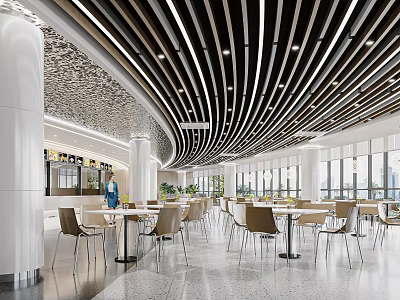 Modern Dining Area With Curved Ceiling And Large Windows 3d model