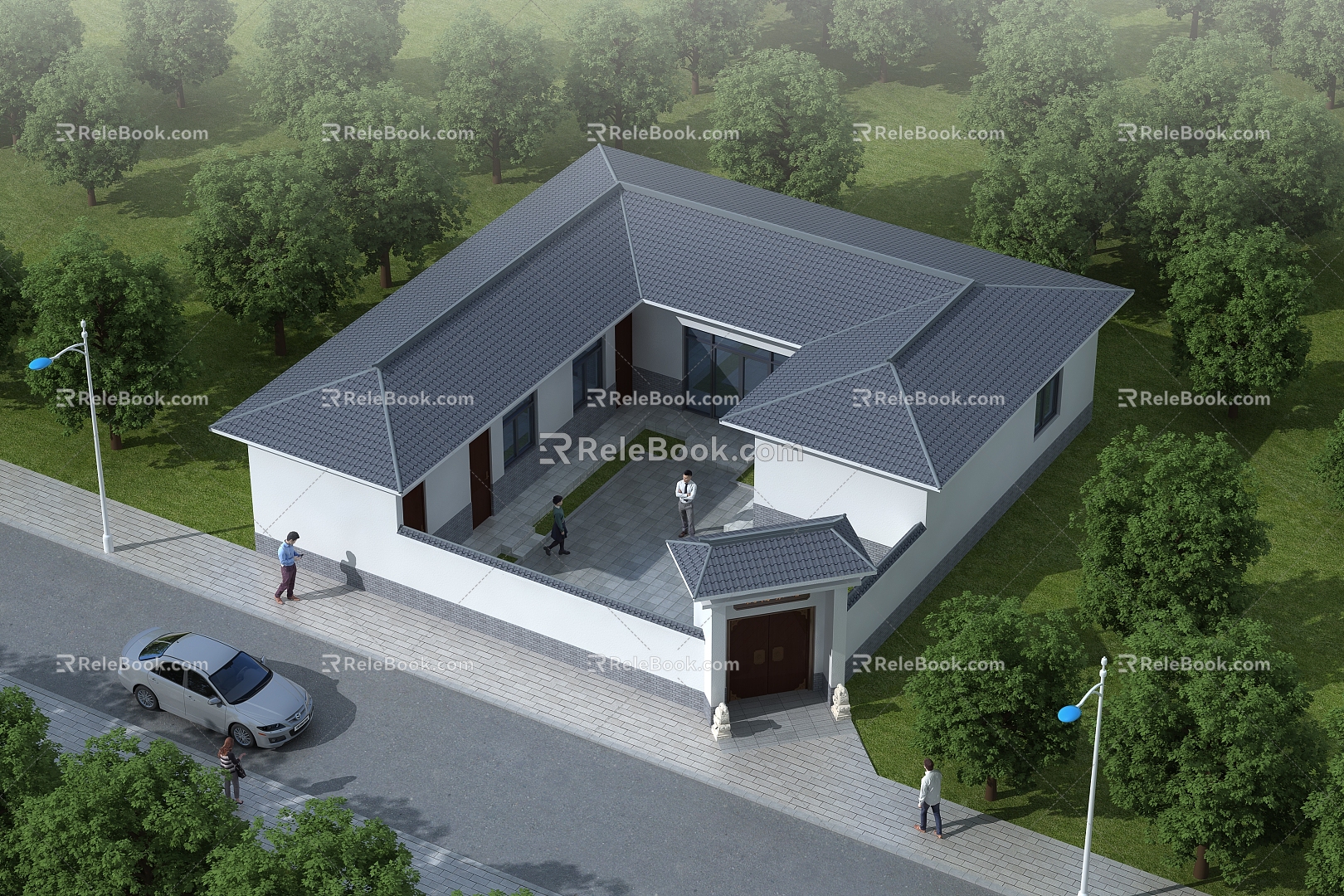 New rural building, three-bedroom single-family villa, bungalow, first floor building, new Chinese style gate, courtyard wall 3d model