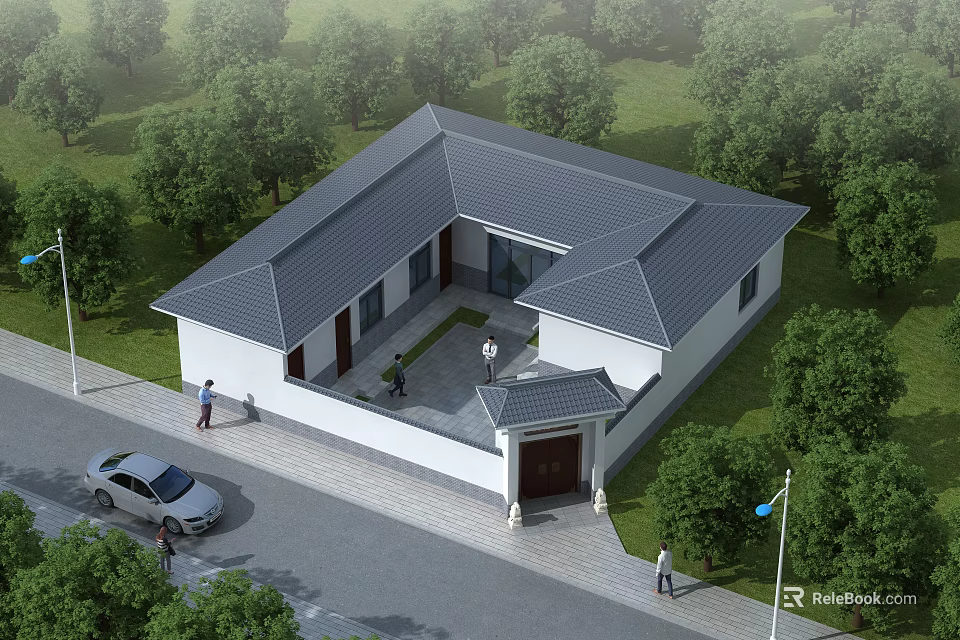 Spacious Detached Villa With Gray Roof White Walls And Courtyard Surrounded By Trees 3d model 