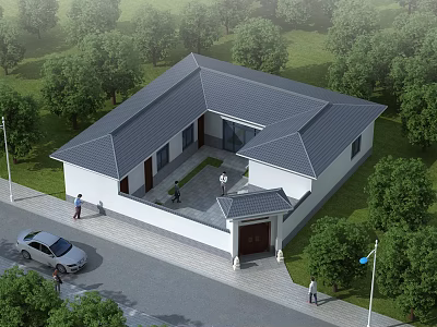 Spacious Detached Villa With Gray Roof White Walls And Courtyard Surrounded By Trees 3d model