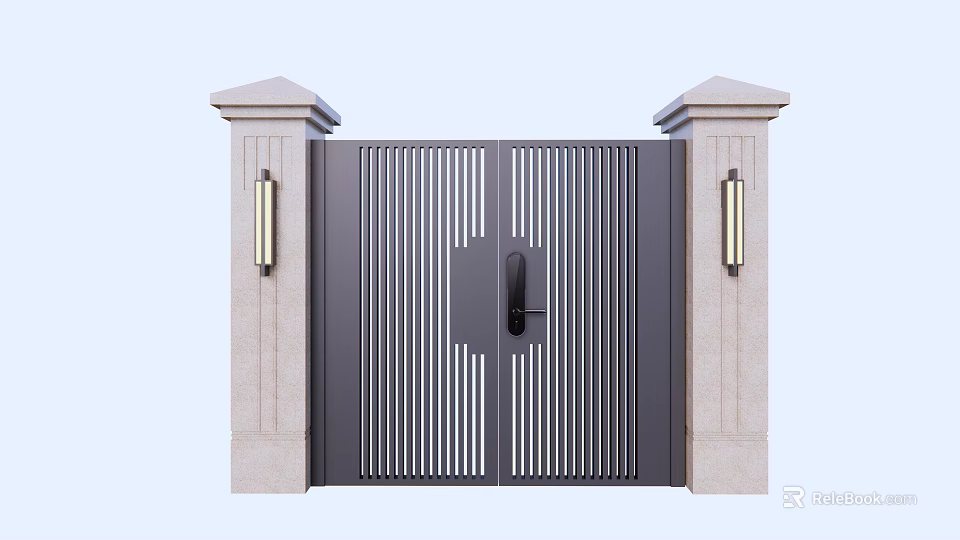 Building Exterior Wall With Black Vertical Striped Gate And Stone Pillars With Lamps 3d model 