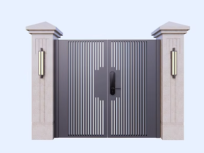 Building Exterior Wall With Black Vertical Striped Gate And Stone Pillars With Lamps 3d model