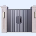 Building Exterior Wall With Black Vertical Striped Gate And Stone Pillars With Lamps