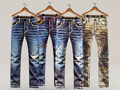 Men's Stylish Jeans With Various Designs Hanging On Wooden Hangers 3d model