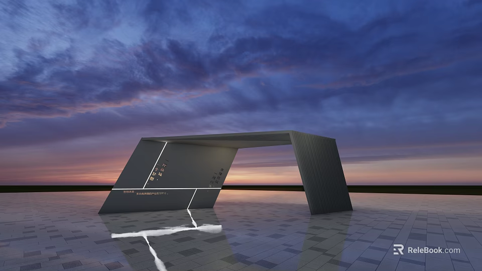 Modern Geometric Pergola With Metal Structure Lighting And Sunset Sky Reflection 3d model 