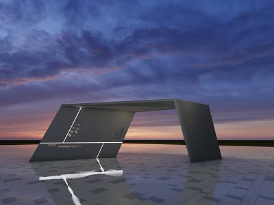 Modern Geometric Pergola With Metal Structure Lighting And Sunset Sky Reflection 3d model