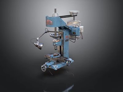 Blue Industrial Drilling Machine With Motorized Head Workbench Wheels And Lamp 3d model
