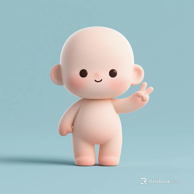 Cute Pink Doll With Big Ears Smiling Face And Peace Sign On Light Blue Background 3d model 