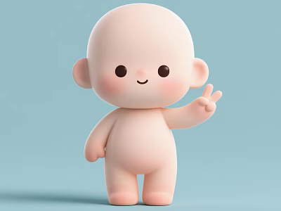 Cute Pink Doll With Big Ears Smiling Face And Peace Sign On Light Blue Background 3d model