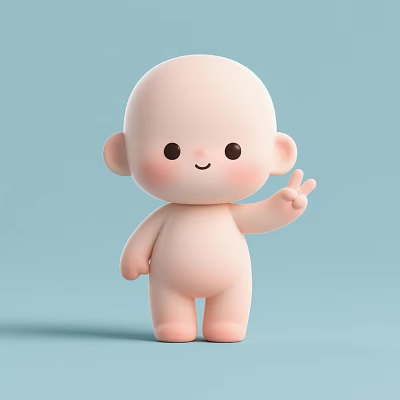 Cute Pink Doll With Big Ears Smiling Face And Peace Sign On Light Blue Background 3d model