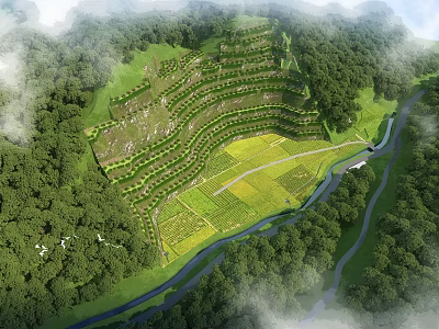 Scenic Terraced Garden Landscape With Lush Forest Winding River And Green Fields 3d model