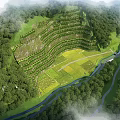 Scenic Terraced Garden Landscape With Lush Forest Winding River And Green Fields