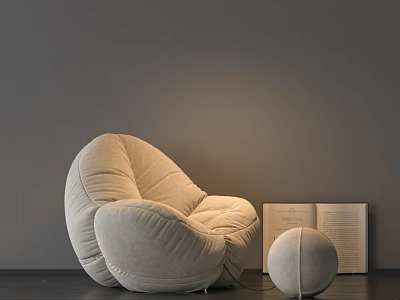 Cozy Beige Velvet Lazy Sofa In Modern Room With Open Book And Small Round Ottoman 3d model