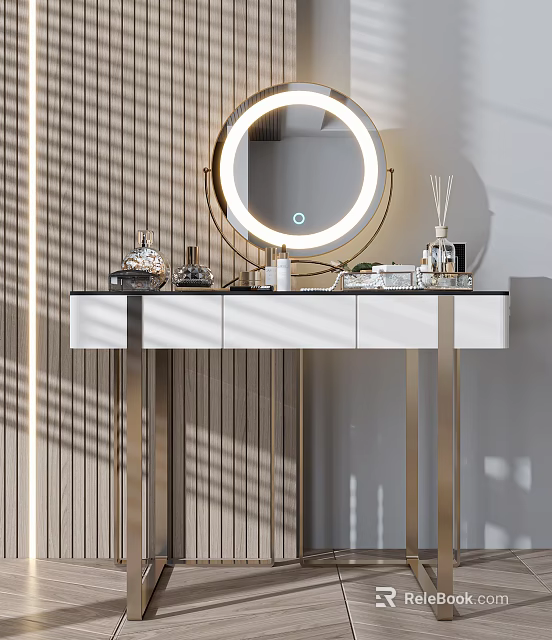 Modern Dressing Table With White Drawers Gold Legs Round Mirror And Skincare Items 3d model 