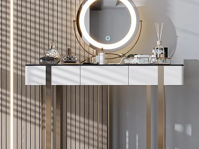 Modern Dressing Table With White Drawers Gold Legs Round Mirror And Skincare Items 3d model