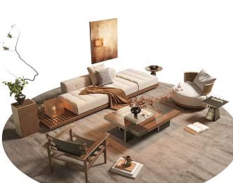 Quiet Ancient Style Sofa Tea Table Combination Jewelry Ornaments Sofa Combination Ancient Style Decorative Painting Vase Flower Art Single Chair 3d model
