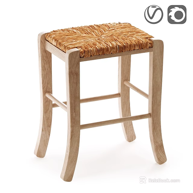 Natural Wooden Stool With Woven Straw Seat And Crossed Supporting Stretchers 3d model 