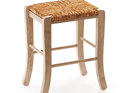 Natural Wooden Stool With Woven Straw Seat And Crossed Supporting Stretchers 3d model