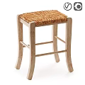 Natural Wooden Stool With Woven Straw Seat And Crossed Supporting Stretchers