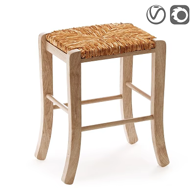 Natural Wooden Stool With Woven Straw Seat And Crossed Supporting Stretchers 3d model