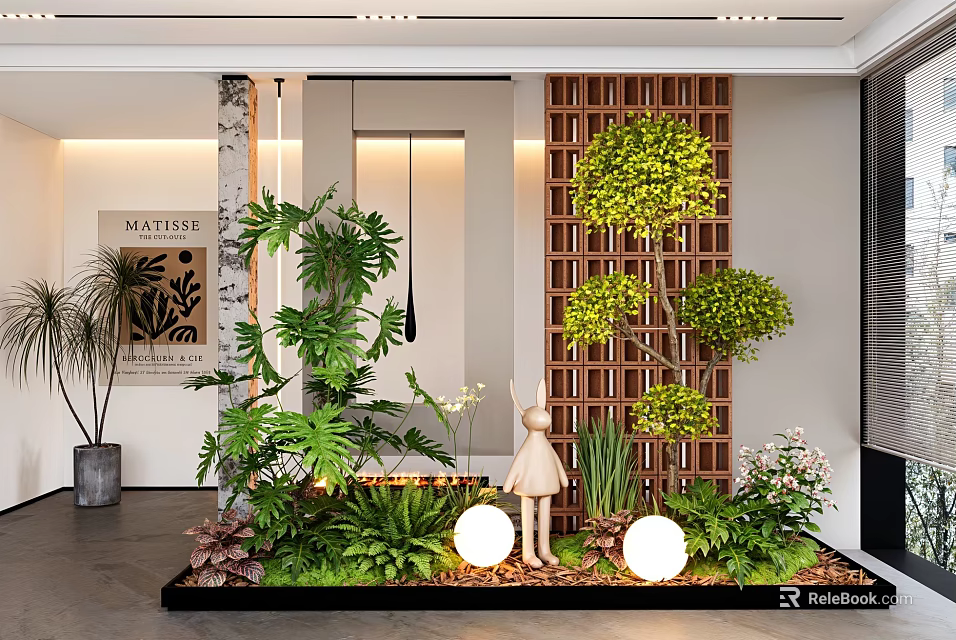 Lush Indoor Landscape With Tropical Plants Small Trees Wooden Lattice And Round White Lamps 3d model 