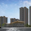 Modern Commercial Street In Urban Area With Residences And Pedestrians