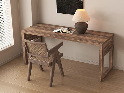 Wooden Desk and Rattan Chair Set with Open Magazine and Lamp in Window Corner 3d model