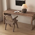 Wooden Desk and Rattan Chair Set with Open Magazine and Lamp in Window Corner