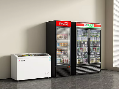 White Horizontal Freezer Coca Cola Vertical Refrigerator Green Sign Freezers with Drinks 3d model
