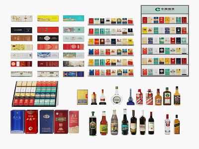 Variety of Household Items Including Cigarette Packs Wine Bottles And Display Racks 3d model