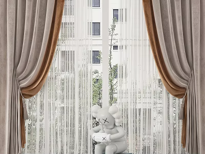 Beige Thick Curtains with Sheer Layers and Stuffed Toy by Window with High Rise View 3d model