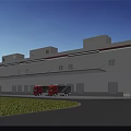 Modern White Industrial Warehouse Building Exterior With Red Trucks And People Nearby
