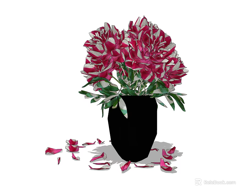 Red and White Peonies in Black Vase with Scattered Petals Around 3d model 
