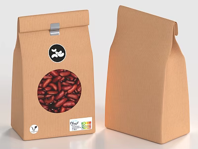 Organic Red Beans Packaged in Brown Paper Bags Featuring Clear Window and Label 3d model
