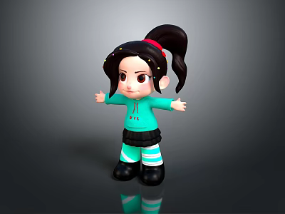 Cute Child Doll With Black Hair Ponytail Red Hairband Turquoise Hoodie Black Skirt 3d model