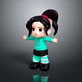 Cute Child Doll With Black Hair Ponytail Red Hairband Turquoise Hoodie Black Skirt