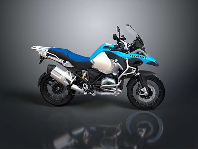 BMW Adventure Motorcycle With Blue And Silver Body Windshield Side Cases And Black Tires 3d model