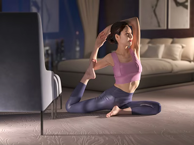 Woman Practicing Yoga in Modern Living Room Wearing Purple Sports Bra and Gray Leggings 3d model