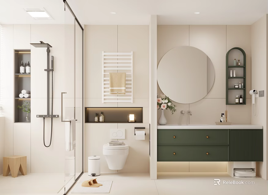 Bright Modern Cream Tone Bathroom With Glass Shower Round Mirror And Dark Green Vanity Cabinet 3d model 