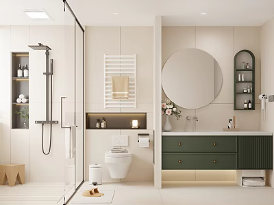 Bright Modern Cream Tone Bathroom With Glass Shower Round Mirror And Dark Green Vanity Cabinet 3d model