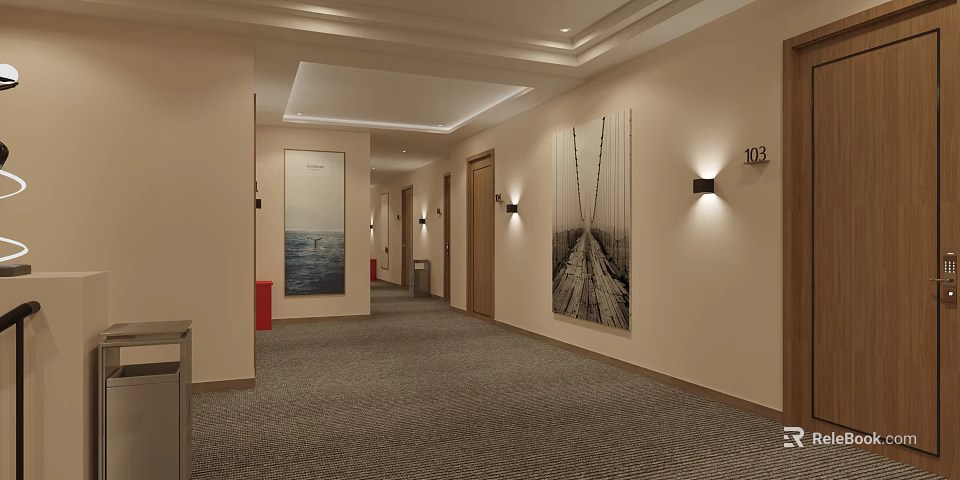 Hotel Corridor Interior With Beige Walls Gray Carpet Decorative Paintings Wall Sconces And Room Numbers 3d model 