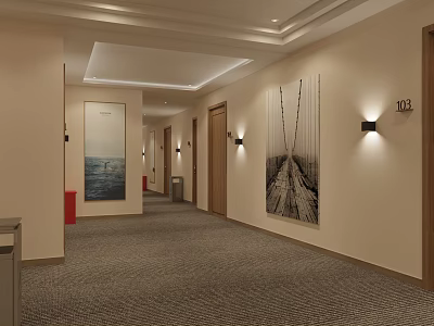 Hotel Corridor Interior With Beige Walls Gray Carpet Decorative Paintings Wall Sconces And Room Numbers 3d model