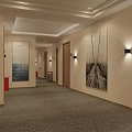 Hotel Corridor Interior With Beige Walls Gray Carpet Decorative Paintings Wall Sconces And Room Numbers