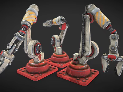 Multiple Industrial Robotic Arms with Red Bases and Metal Joint Structures 3d model