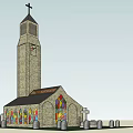 Ancient Historic Building With Tower Cross Stained Glass Windows And Tombstones
