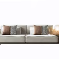 Modern Double Sofa With Light Gray Upholstery Brown Patterned Pillows Rattan Armrests And Side Table 3d model