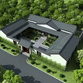Traditional Chinese Garden Courtyard With Tiled Roof Stone Paved Ground Bamboo And Green Plants